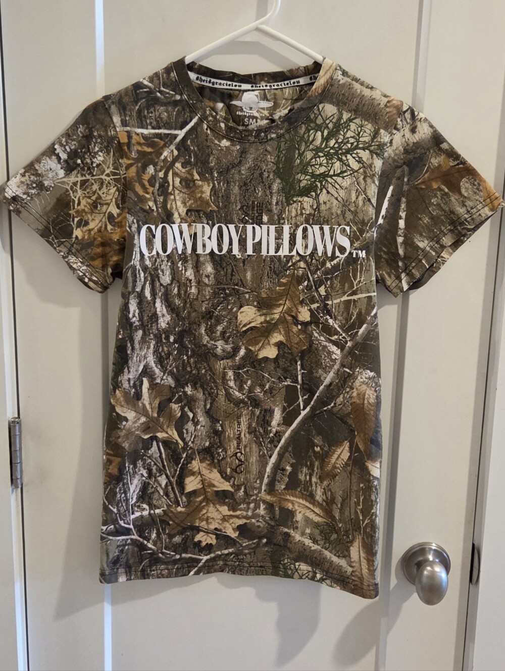 She is Gracie Lou Cowboy Pillows Realtree Camouflage T-Shirt - Size Small